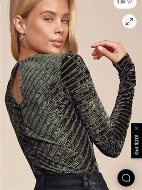 Lulu's Save The Date Olive Green Velvet Striped Long Sleeve Bodysuit